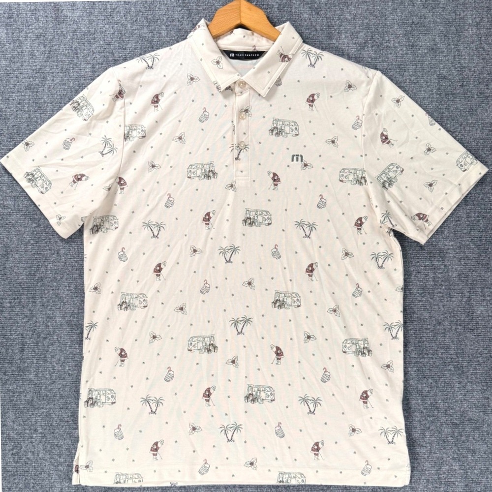 TravisMathew Cookie Swap Polo Men's Large Christmas Santa Golf VW Bus Cream